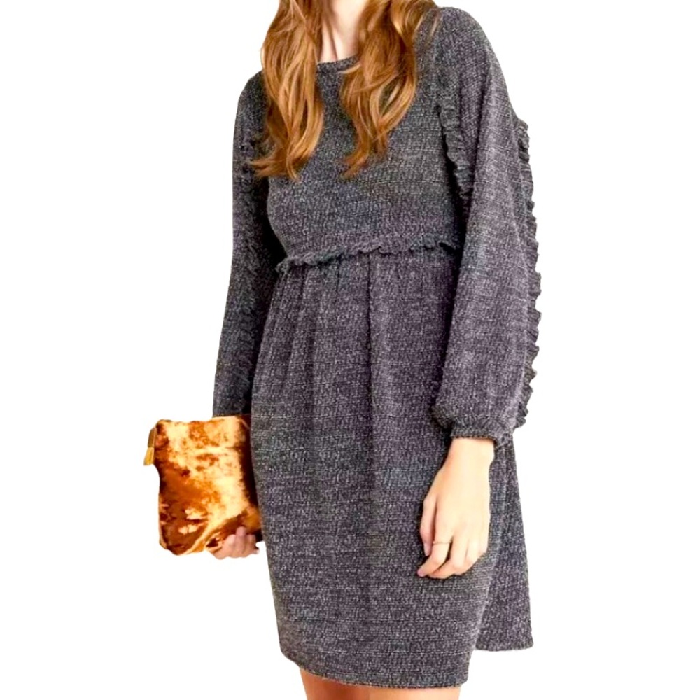 Anthropologie Ro&De Gray Long Sleeve Knit Stella Ruffle Dress, Size XS